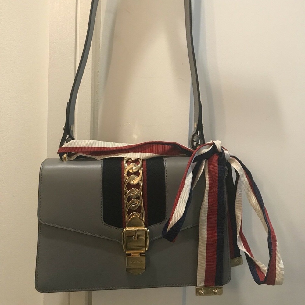 Gucci Sylvie Gray Small Leather & Grossgrain Ribbon Shoulder Bag